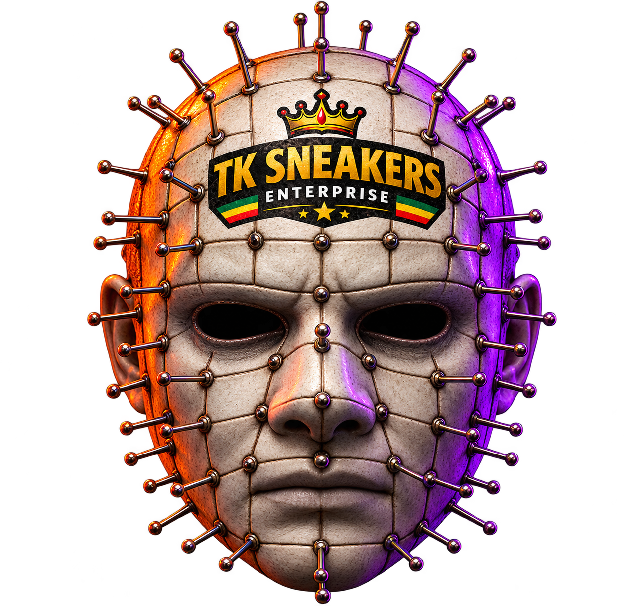 Hellraiser mask with TK Sneakers symbols