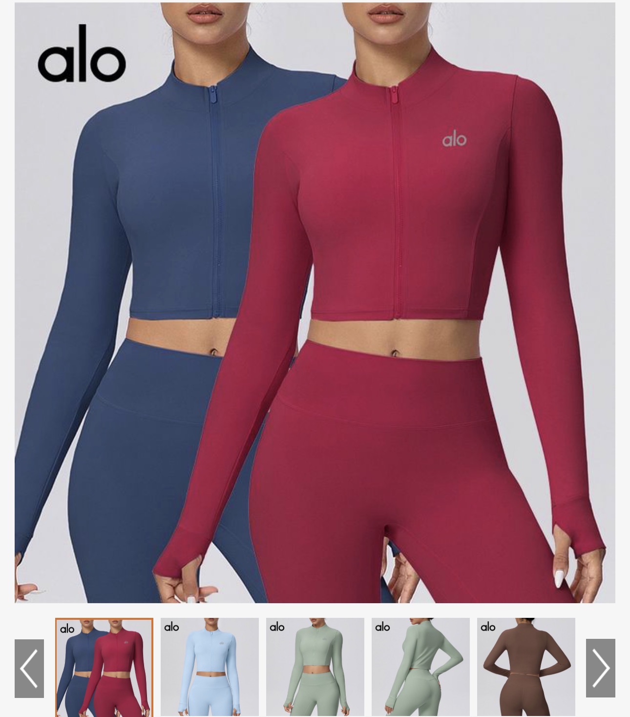 Alo Zip-Up Legging Suit in Navy, Berry Red, Sky Blue, Sage, Brown